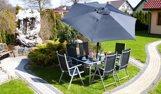 MEBLE OGRODOWE aluminiowe ZESTAW OGRODOWY verona srebrno-czarny + PARASOL